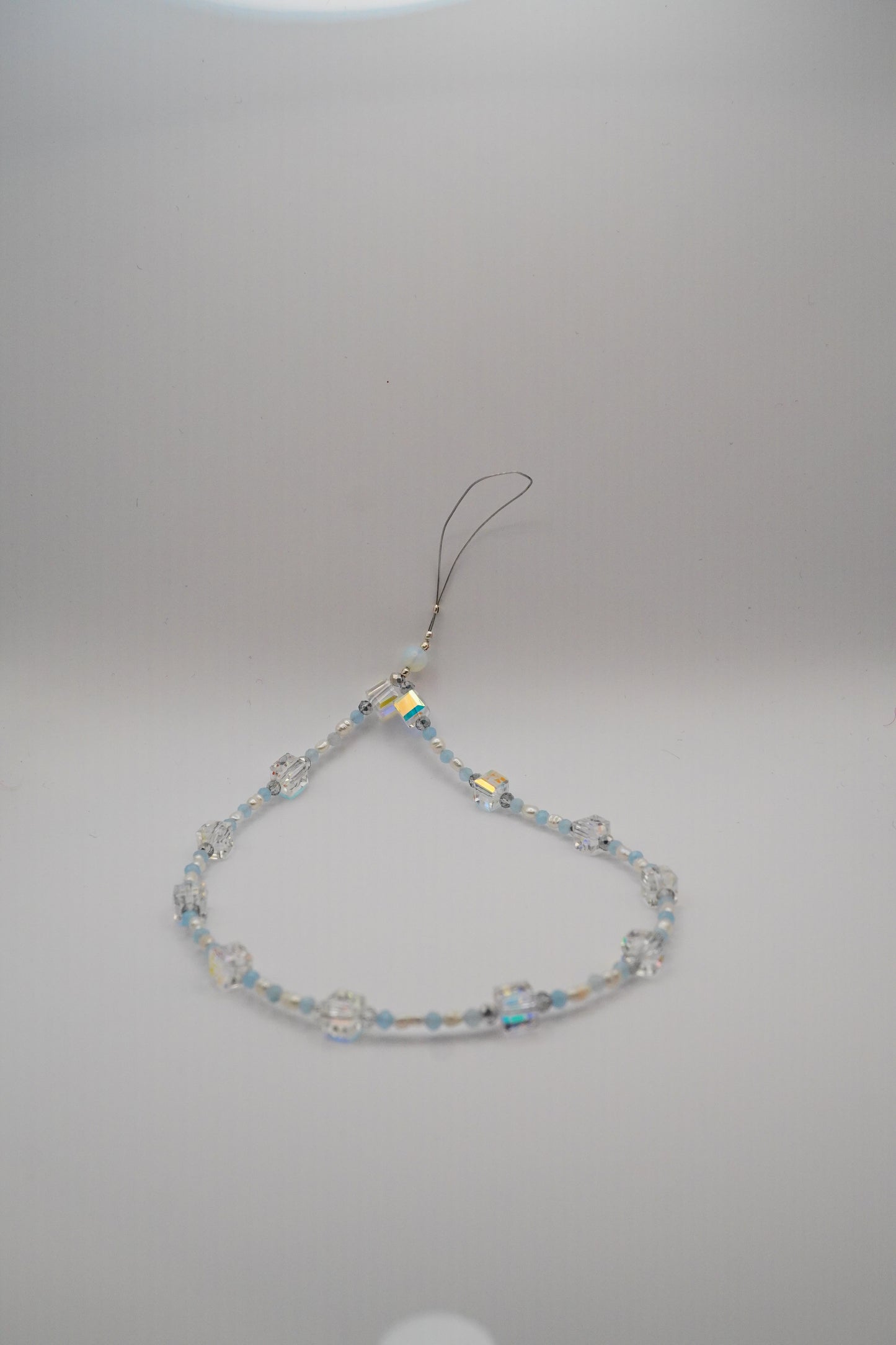 Aquamarine, pearls and cubes stunning phone strap