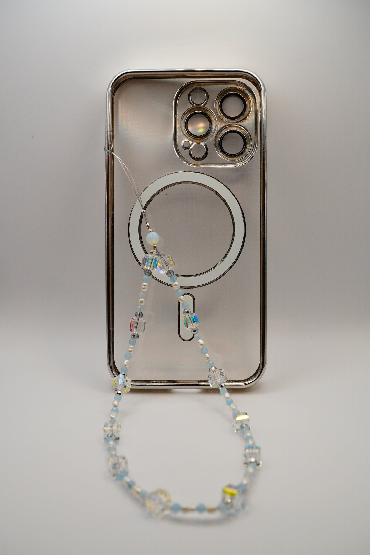 Aquamarine, pearls and cubes stunning phone strap