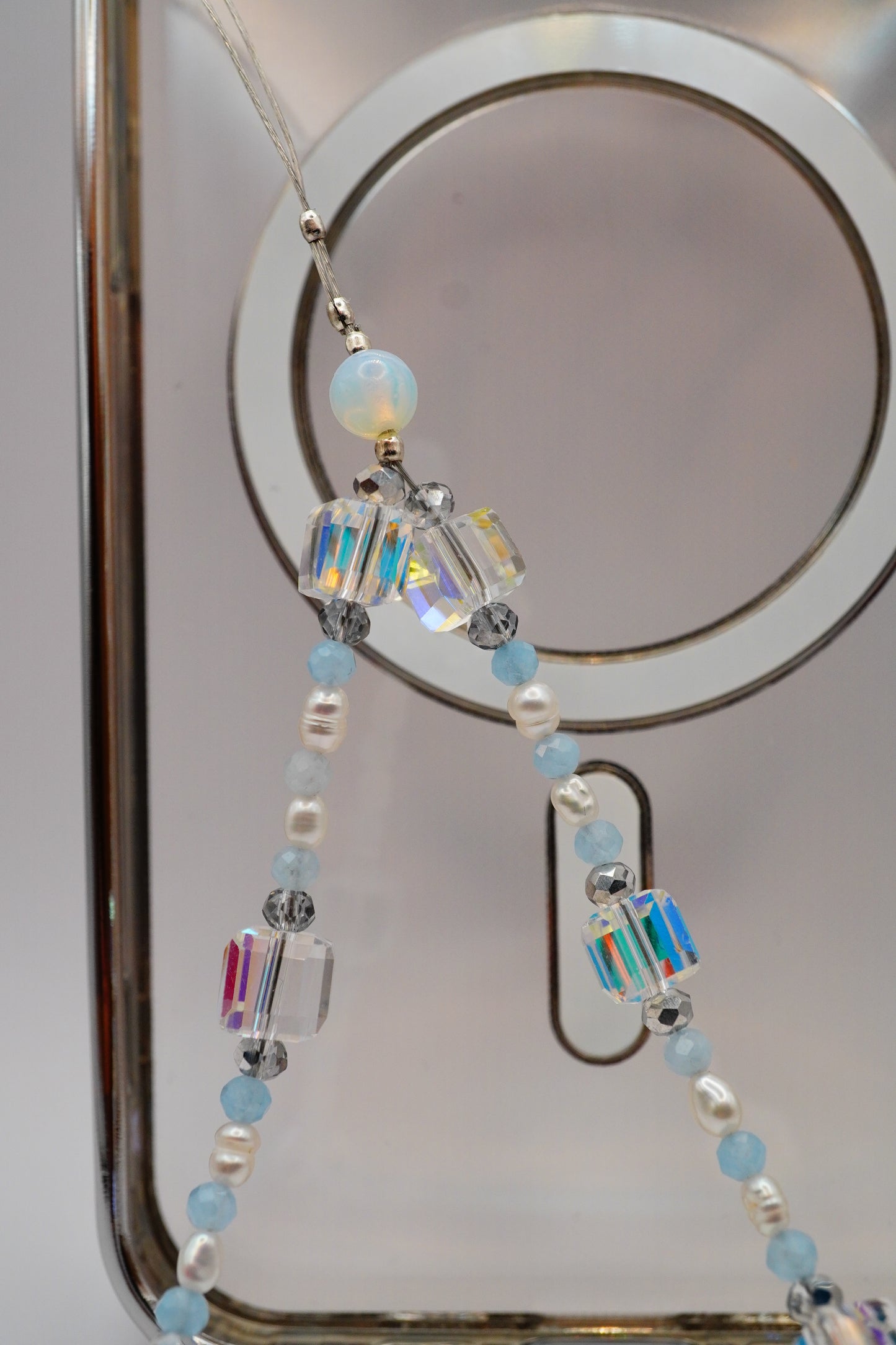 Aquamarine, pearls and cubes stunning phone strap